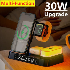 30W 3 In 1 Wireless Charger Stand Pad Alarm Clock